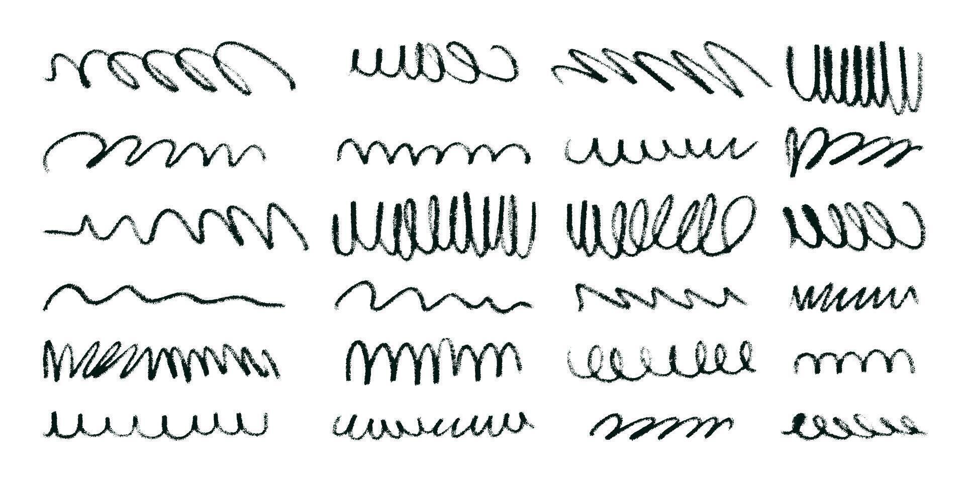 Set of Thin Black Squiggle Pencil Lines. Doodle of abstract strokes in hand drawn style. Colorful smears with grungy charcoal texture vector
