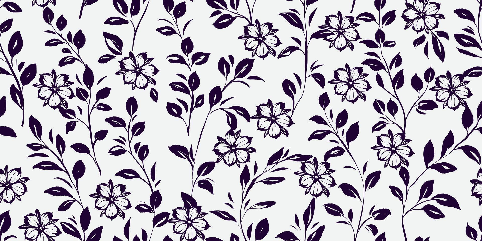 Black Floral Seamless Pattern with Hand Drawn Ink Wildflowers. Nature contemporary floral art design in retro style with subtle grunge effect perfect for modern print projects, fashion, wrapping paper vector