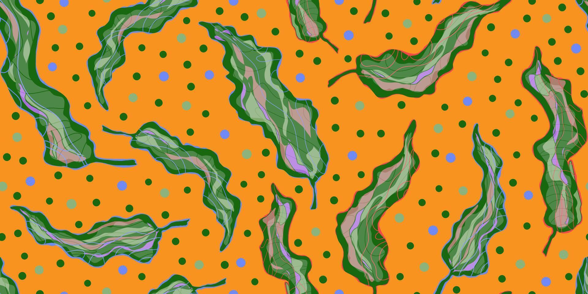 a pattern with green leaves on an orange background vector