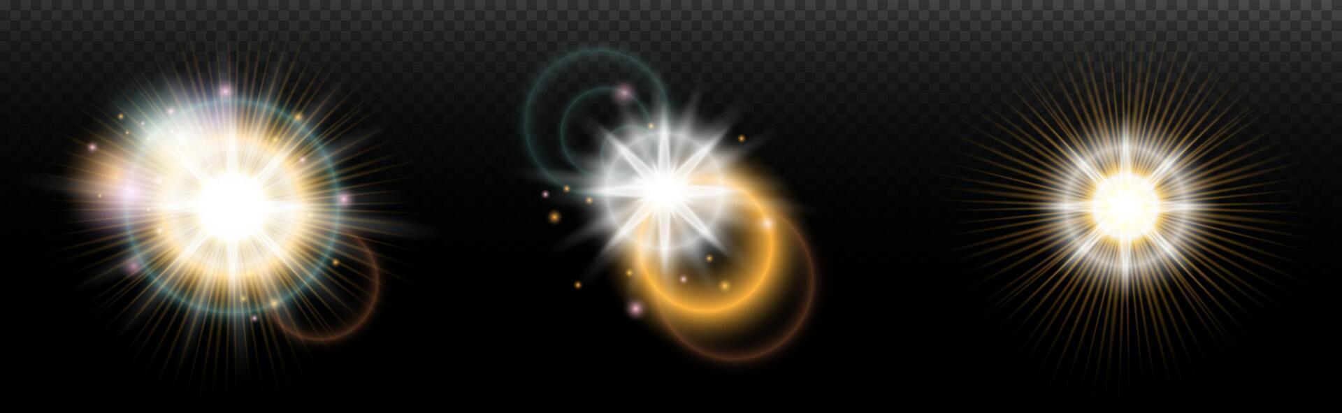 set. of glowing light effects on black background vector