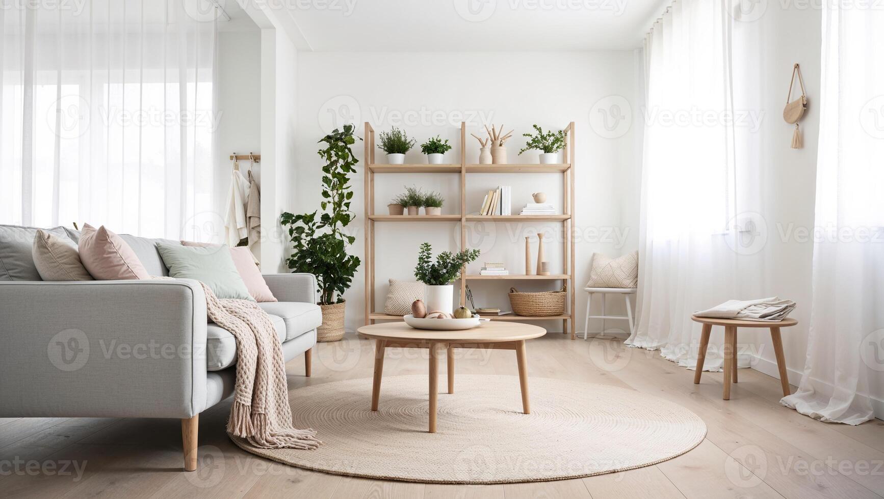 A living room with a couch, table and shelves photo