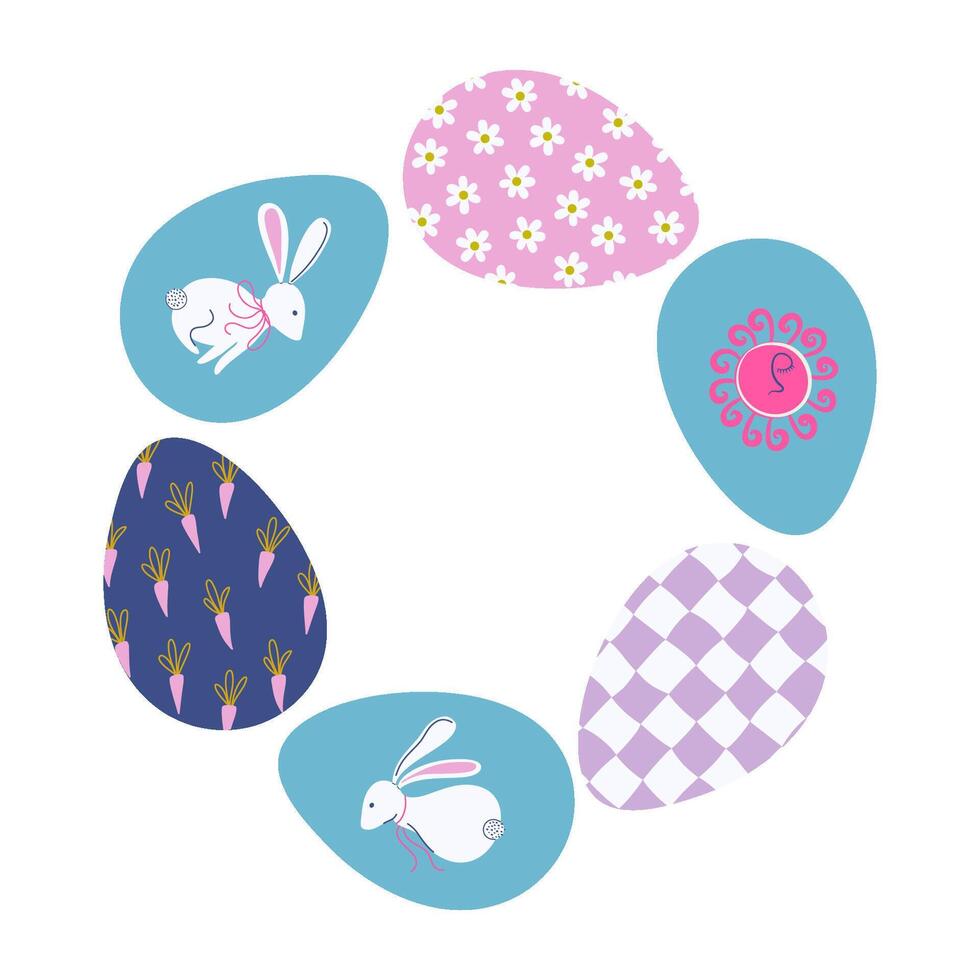 Easter eggs frame, cute holiday wreath design for card, banner, textile print. Flat style illustration. vector