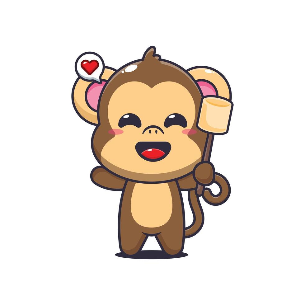 Monkey cartoon illustration eating marshmallow vector