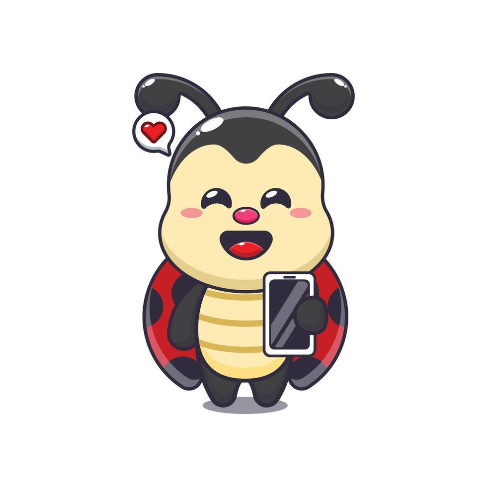 ladybug with mobile phone. mascot cartoon character illustration. vector