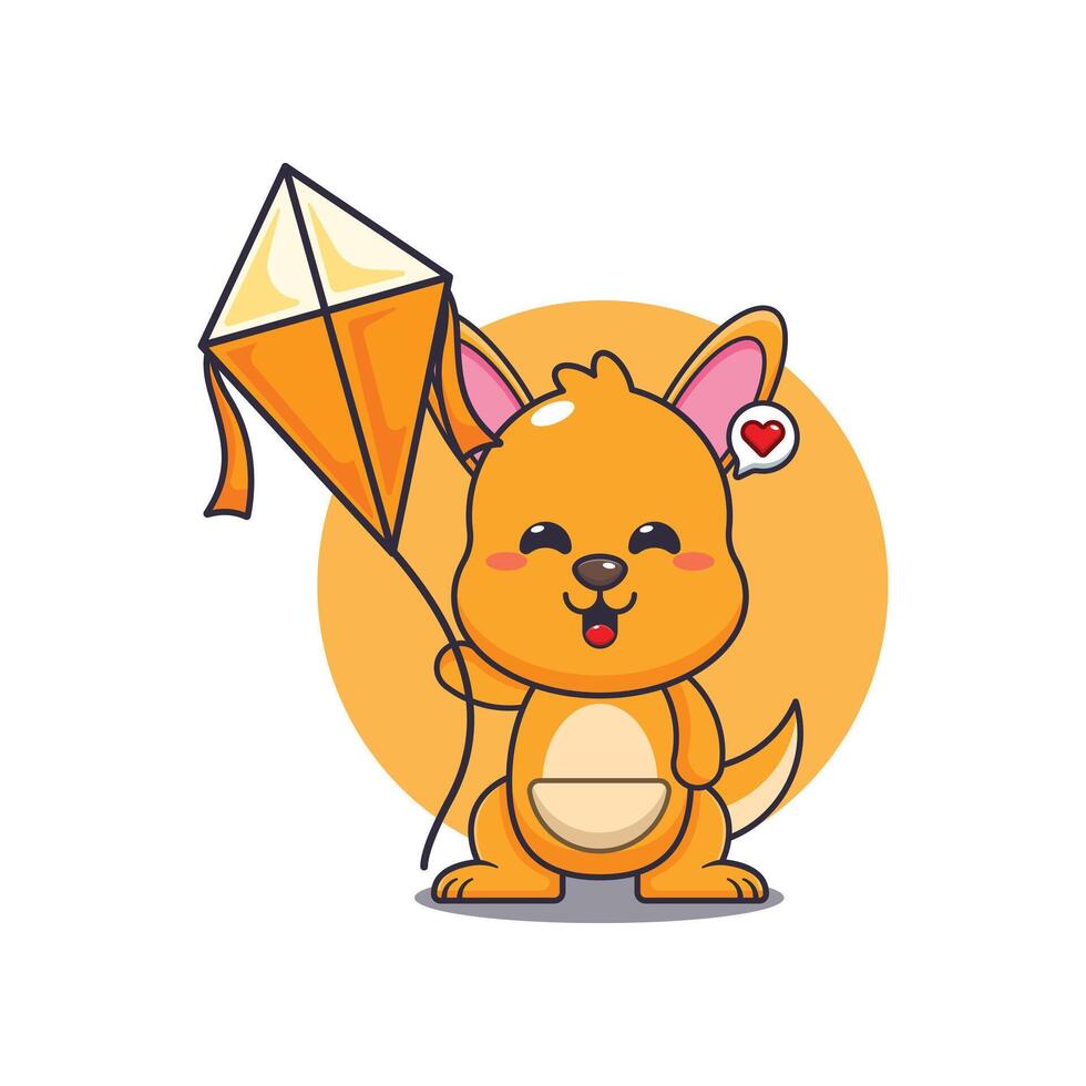 Kangaroo cartoon illustration playing kite. vector