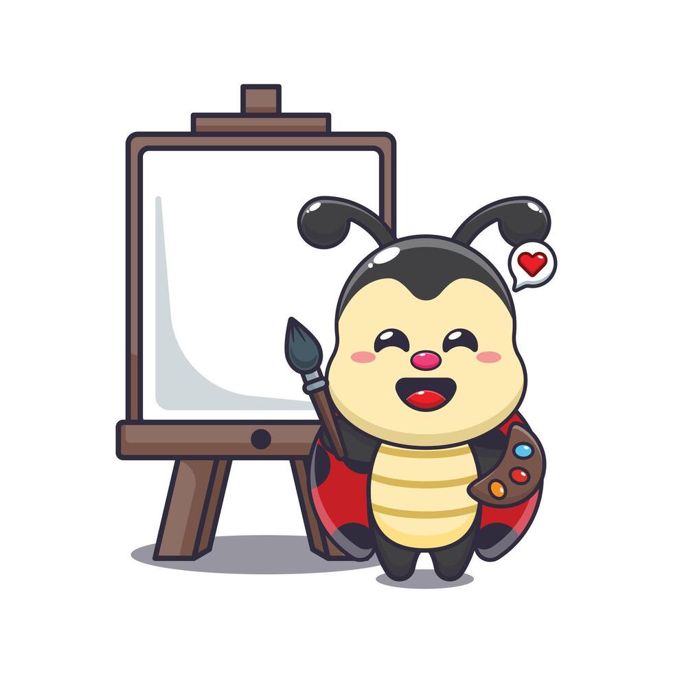 ladybug wants to paint on canvas. mascot cartoon character illustration. vector