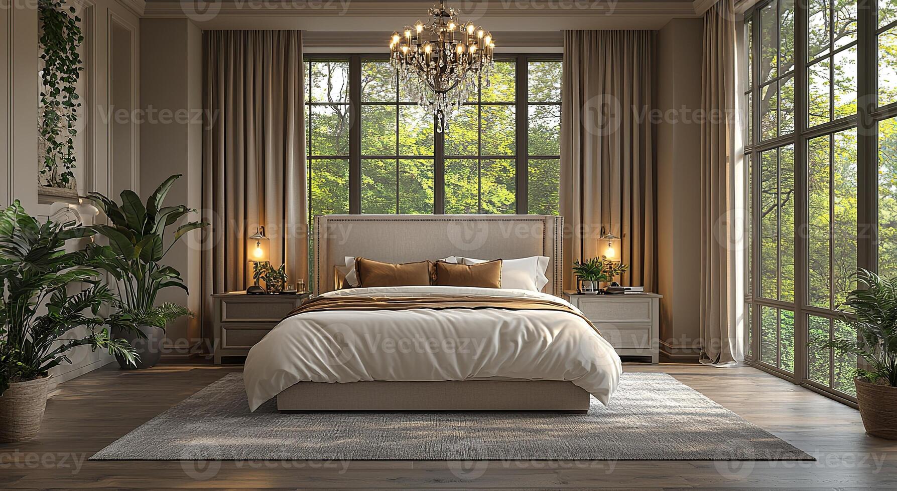 Elegant modern bedroom design with large windows and lush greenery in the background photo