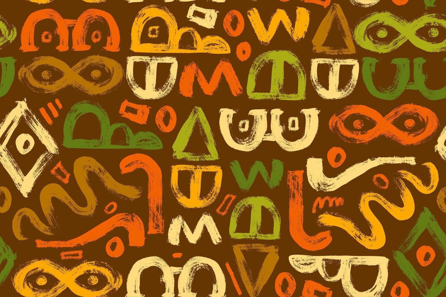 Geometric Brushstrokes Seamless Pattern with Trendy Bold Shapes Isolated on Brown Background. Colorful decorative and minimal hand drawn design perfect for print, fashion, wrapping paper, fabrics vector
