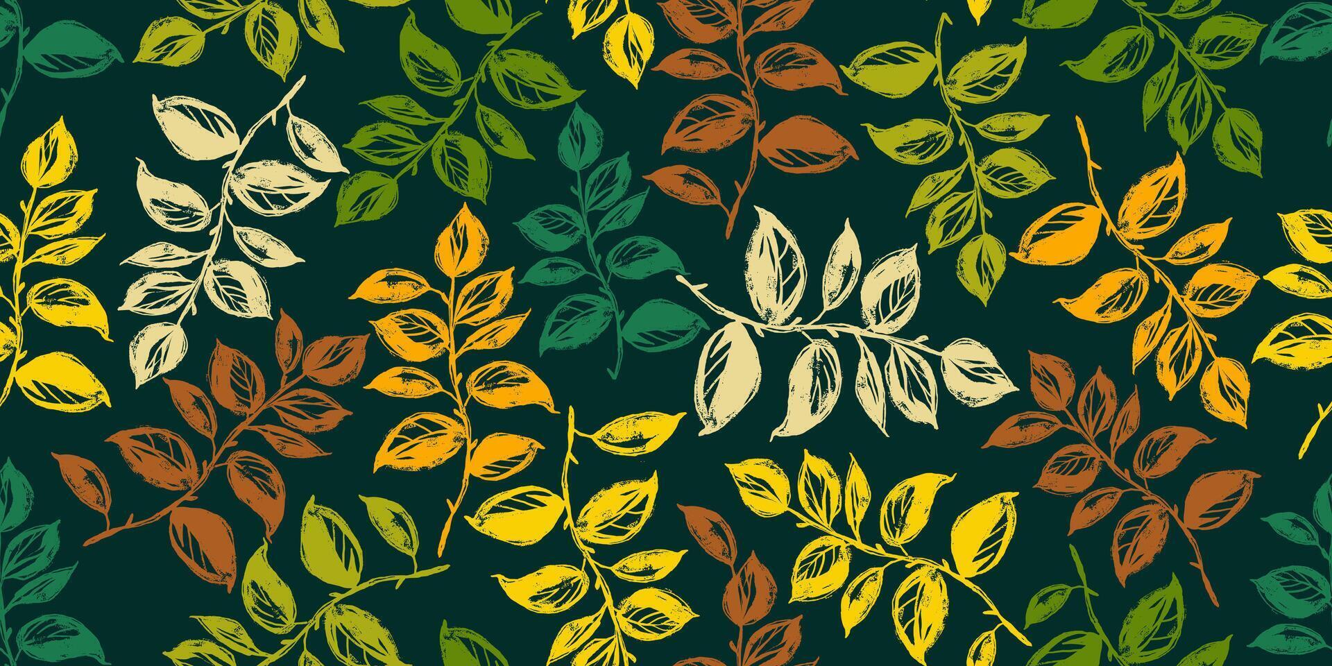 Colorful Seamless Pattern with Hand Drawn Ink Branches with Leaves. Nature contemporary floral art design in retro style with subtle grunge effect perfect for modern print projects, fashion, wrapping vector