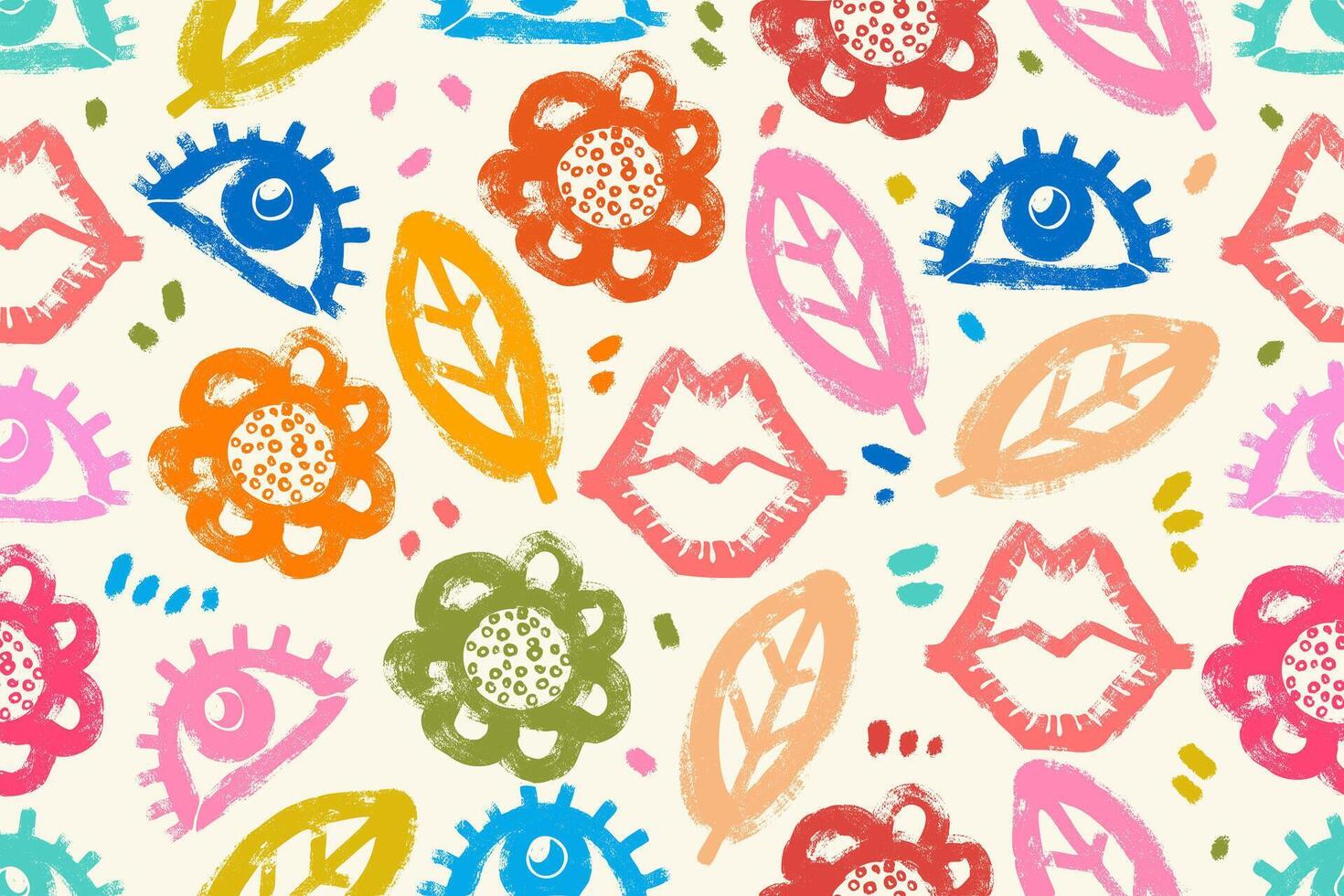 Creative Seamless Pattern with Trendy Bold Lips, Flowers, Leaves, Eyes Isolated on Simple White Background. Colorful decorative and minimal hand drawn design perfect for print, fashion, wrapping paper vector