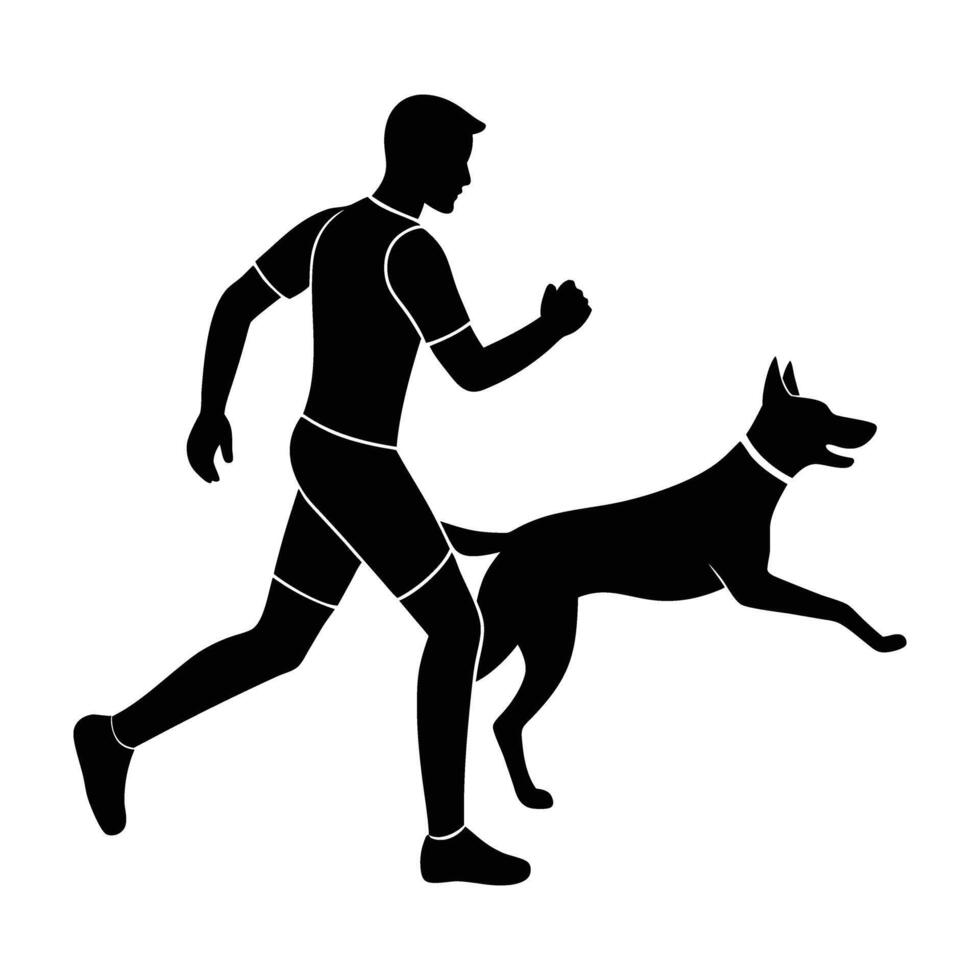 Man jogging with dog silhouette icon on white background for active lifestyle vector
