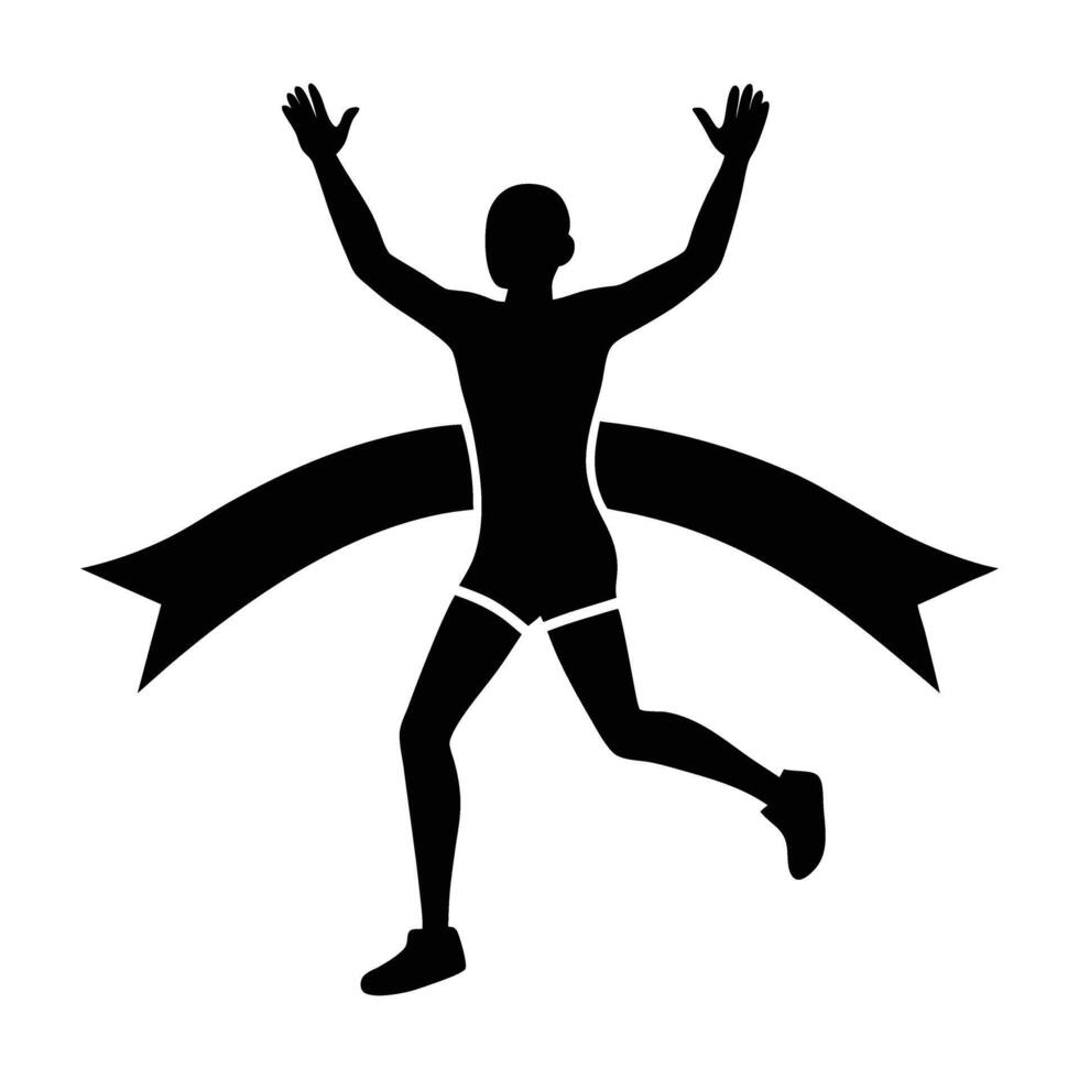 Marathon runner crossing finish line silhouette icon on white background for victory vector