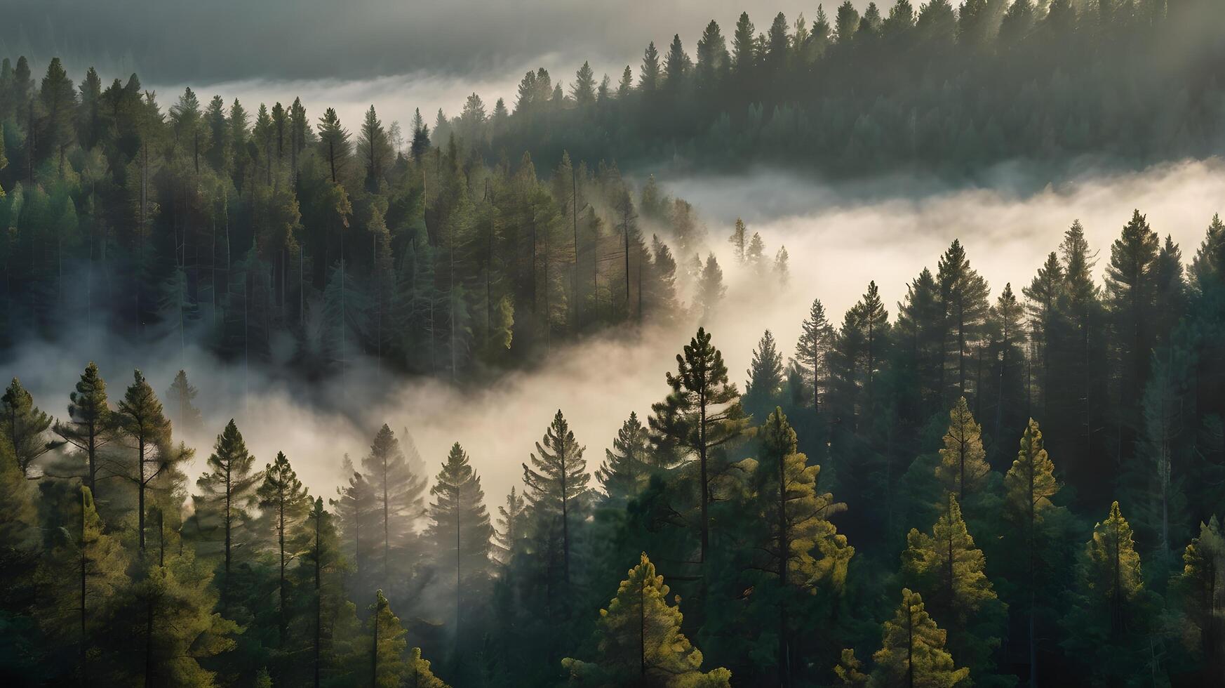 A misty pine forest with morning sunlight cutting through fog photo