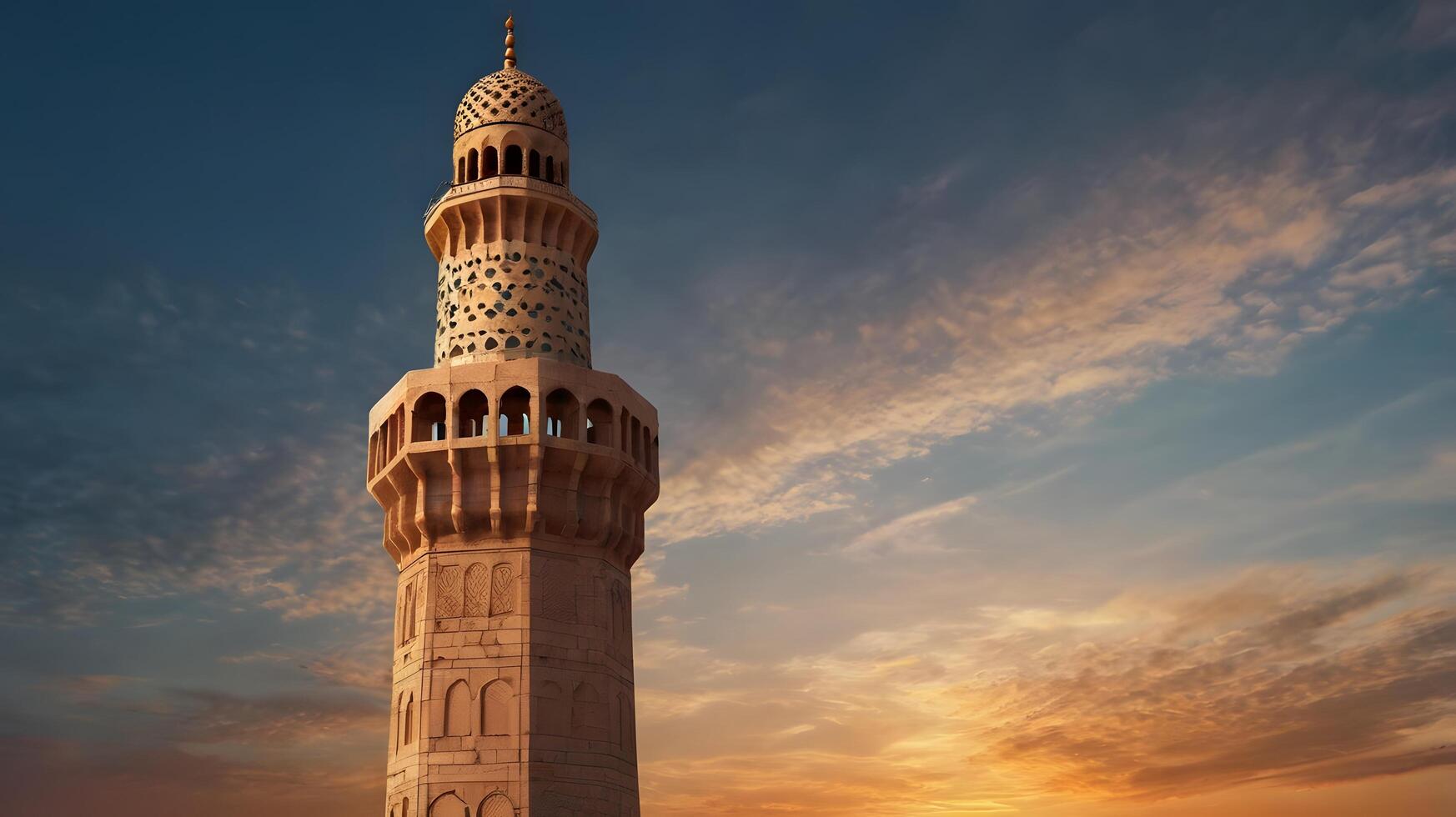 A minaret standing tall against a sky transitioning from orange sunset to twilight blue photo