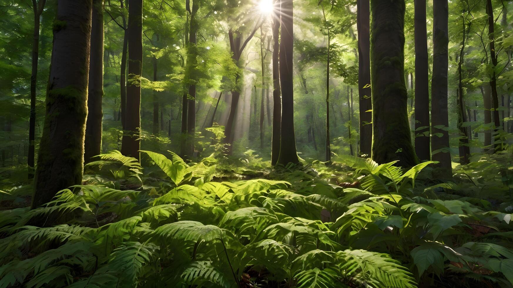 A dense forest with sunlight filtering through green leaves photo