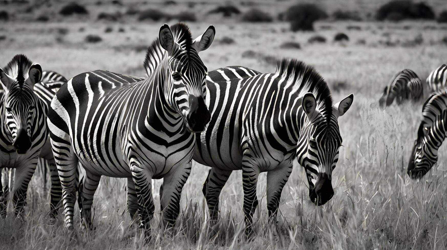 A photo zebra herd grazing on the plains, black and white stripes