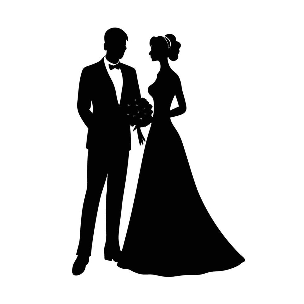 Love themed wedding couple icon in elegant pose with bride holding bouquet on white background vector
