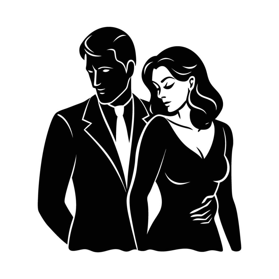 Love themed variant icon of woman leaning on man's shoulder with love silhouette on white background vector