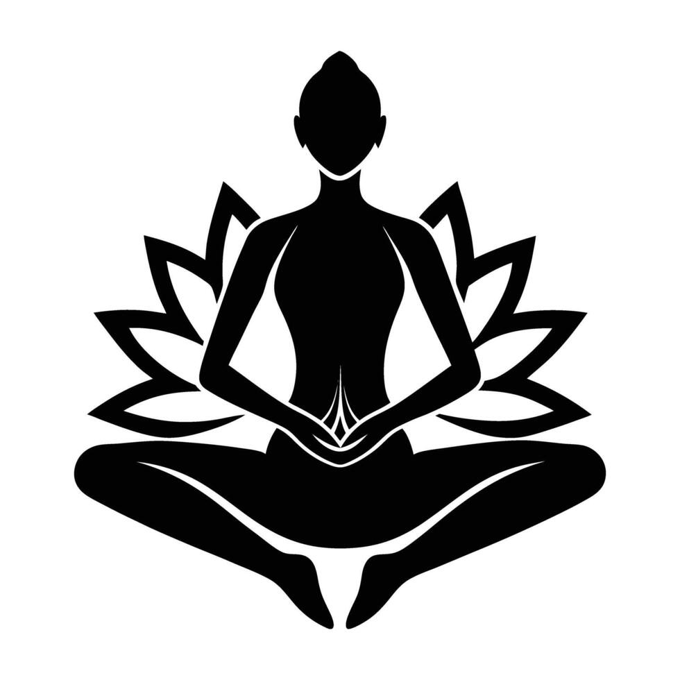 Serene yoga teacher in lotus pose silhouette art on bright white background vector