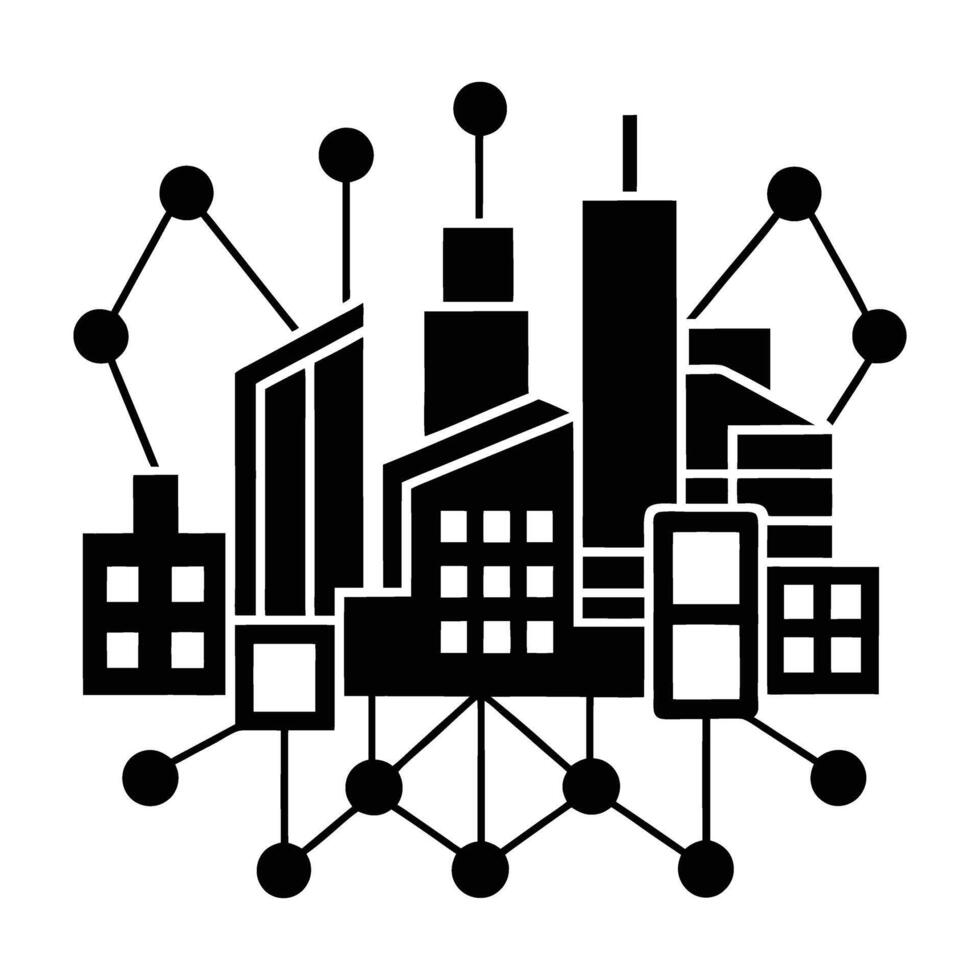 Silhouette of smart city infrastructure with connected systems on white background vector