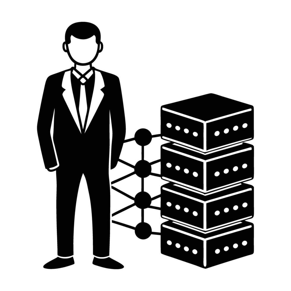 Server administrator managing a data network silhouette on white background vector
