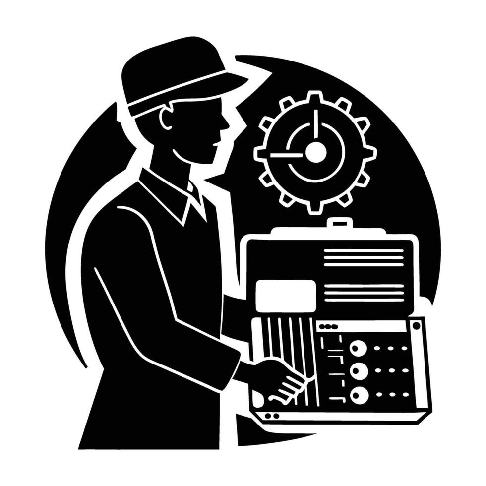 Silhouette of network engineer resolving internet issues on white background vector
