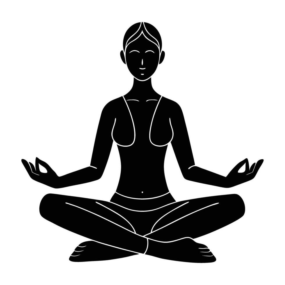 Focused yoga student listening to instructions silhouette art on white background vector