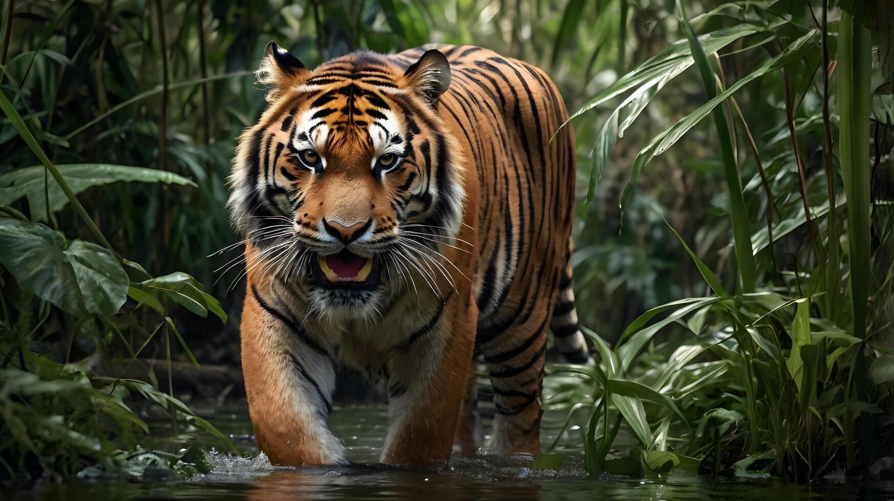 A photo tiger stalking its prey through the jungle