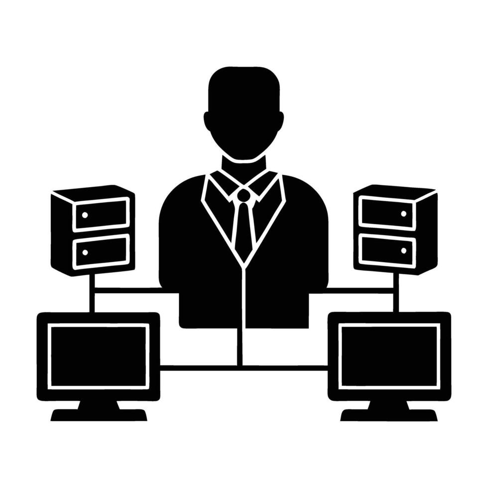 Silhouette of network administrator monitoring connections on white background with ease vector