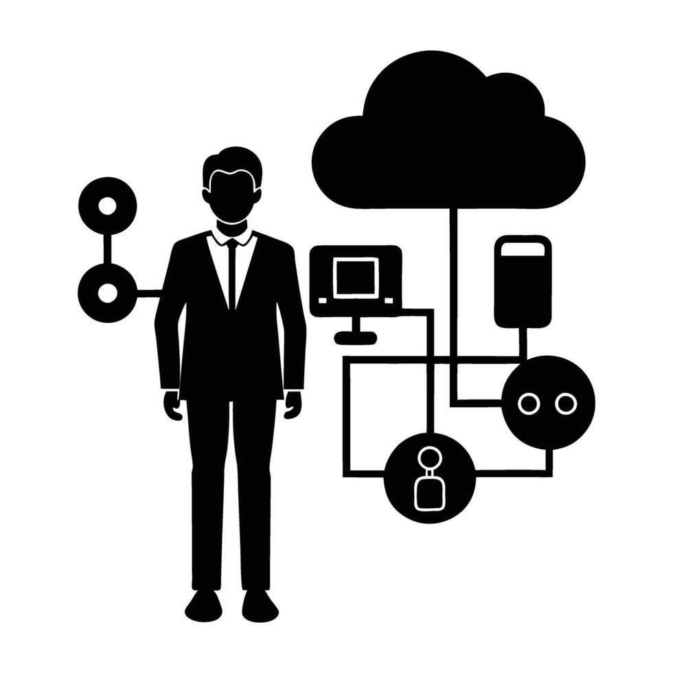 AI cloud assistant managing IoT devices silhouette isolated on white background vector