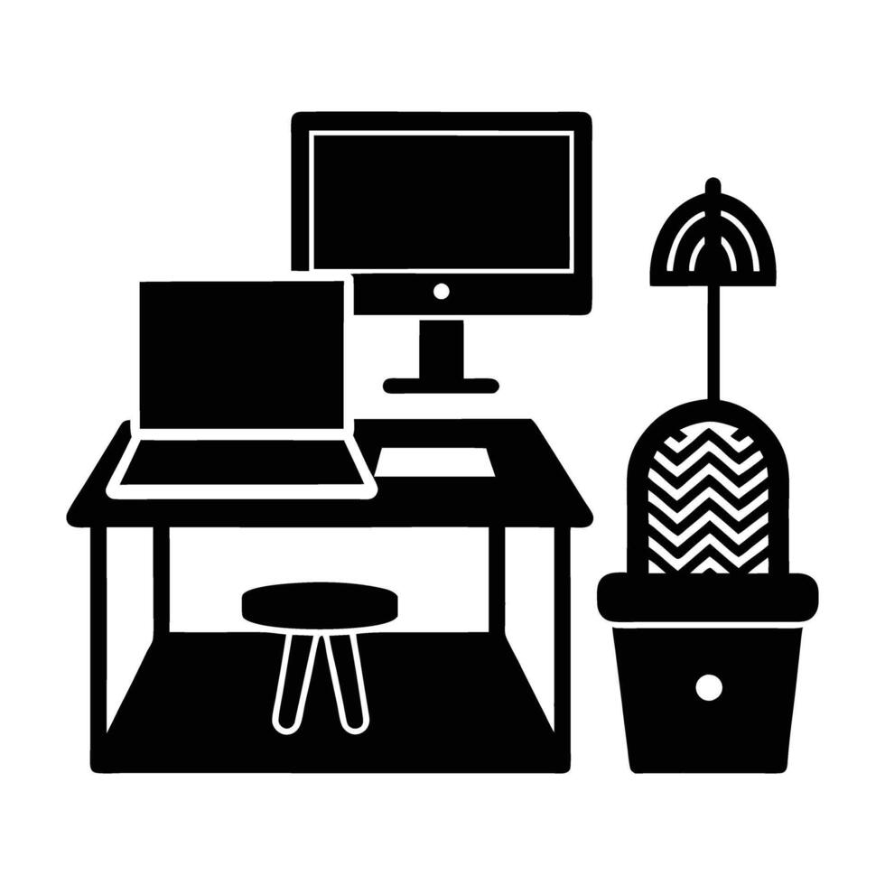 Remote working setup with internet connection silhouette on white background vector