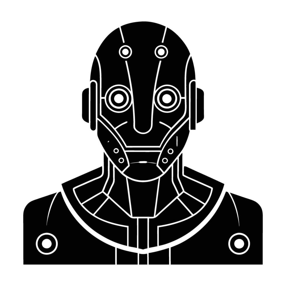 Remarkable robotic face with multiple sensors line art silhouette isolated on white background design vector