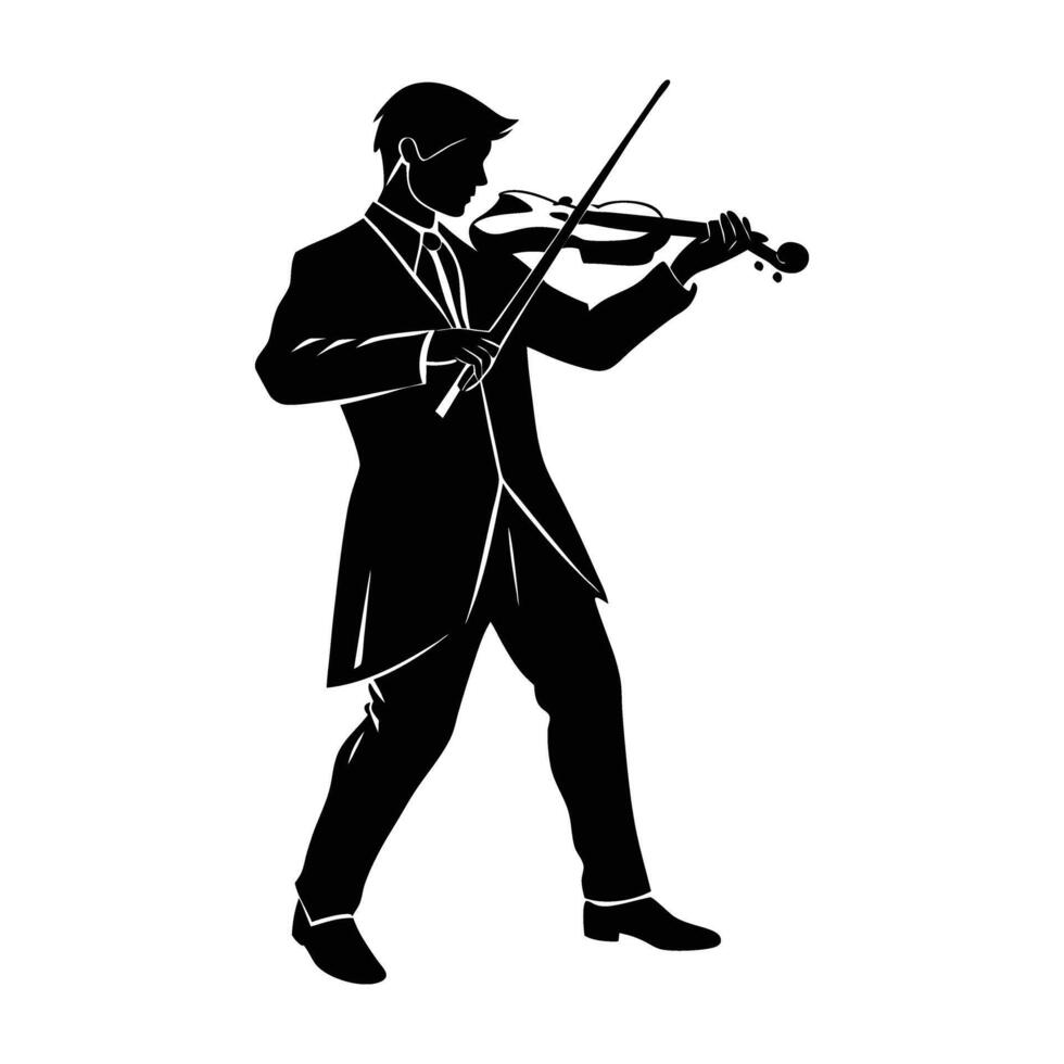 Melodic artist playing a violin line art silhouette isolated on white background design vector