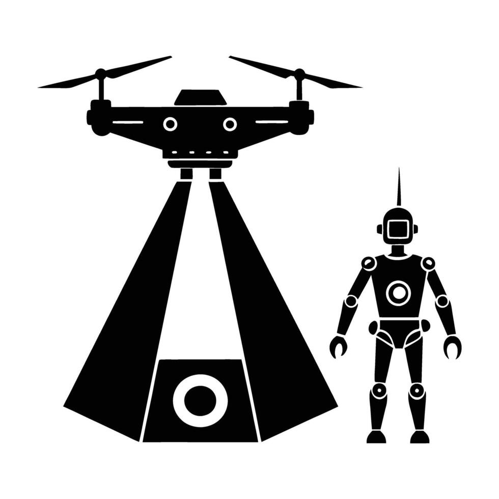 Impressive robotic drone scanning area line art silhouette isolated on white background design vector