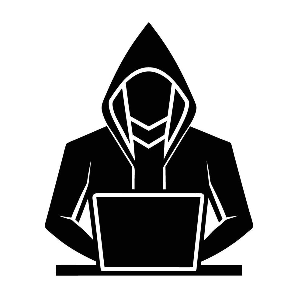 Hacker in a hoodie sitting at a computer silhouette on white background vector