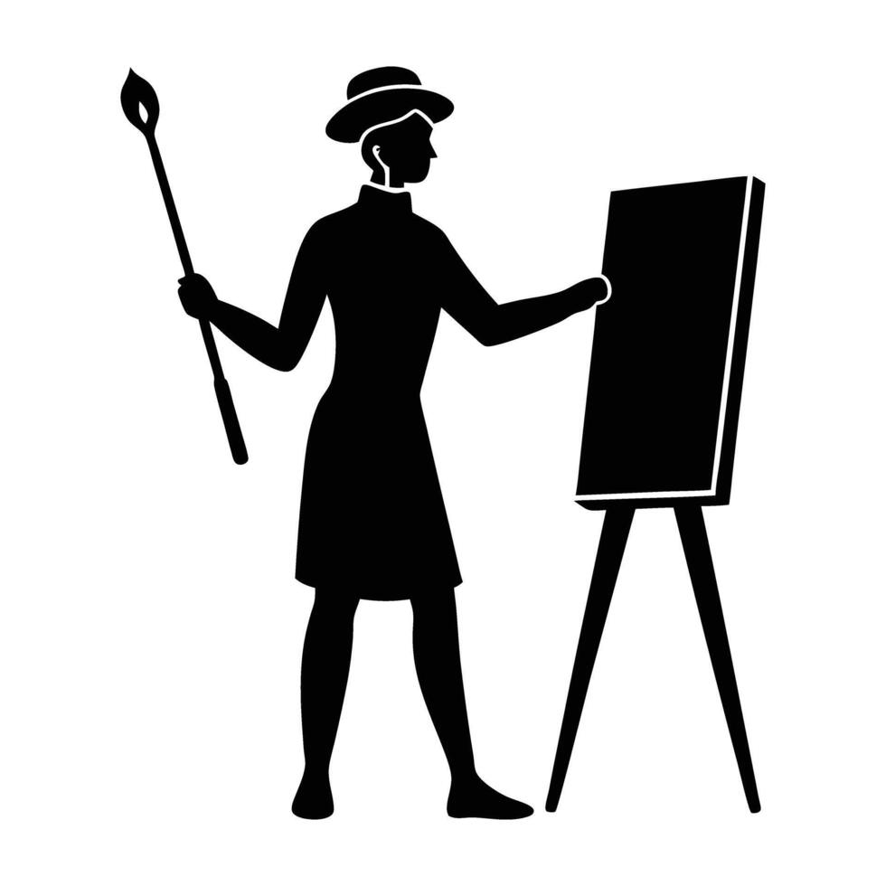Creative artist holding a paintbrush painting on a canvas line art silhouette design vector
