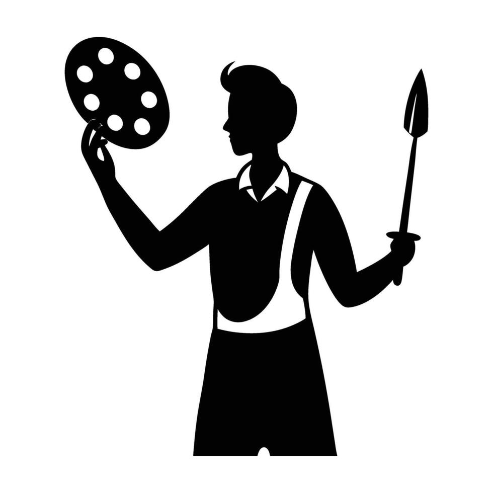 Vibrant artist holding a palette with a paintbrush line art silhouette design vector