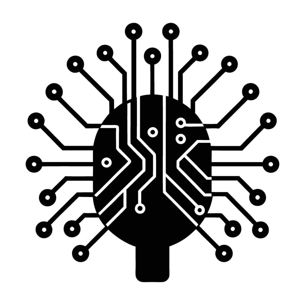 Vibrant artificial intelligence circuit board with glowing line art silhouette isolated on white background design vector