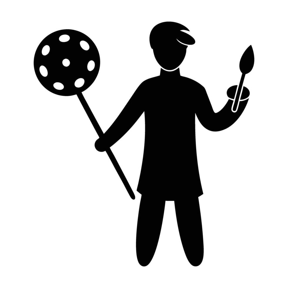 Expressive artist holding a palette with a paintbrush line art silhouette design vector