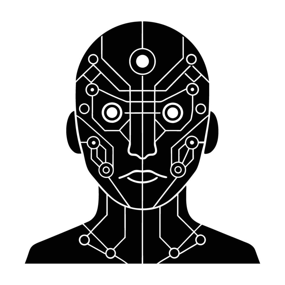Creative robotic face with multiple sensors line art silhouette isolated on white background design vector