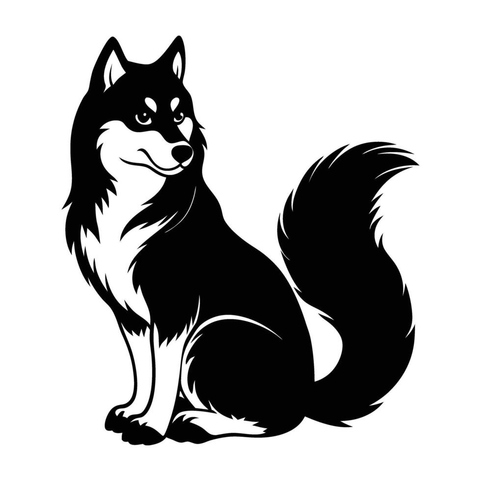 Sturdy alaskan malamute sitting with bushy tail curled line art silhouette design vector
