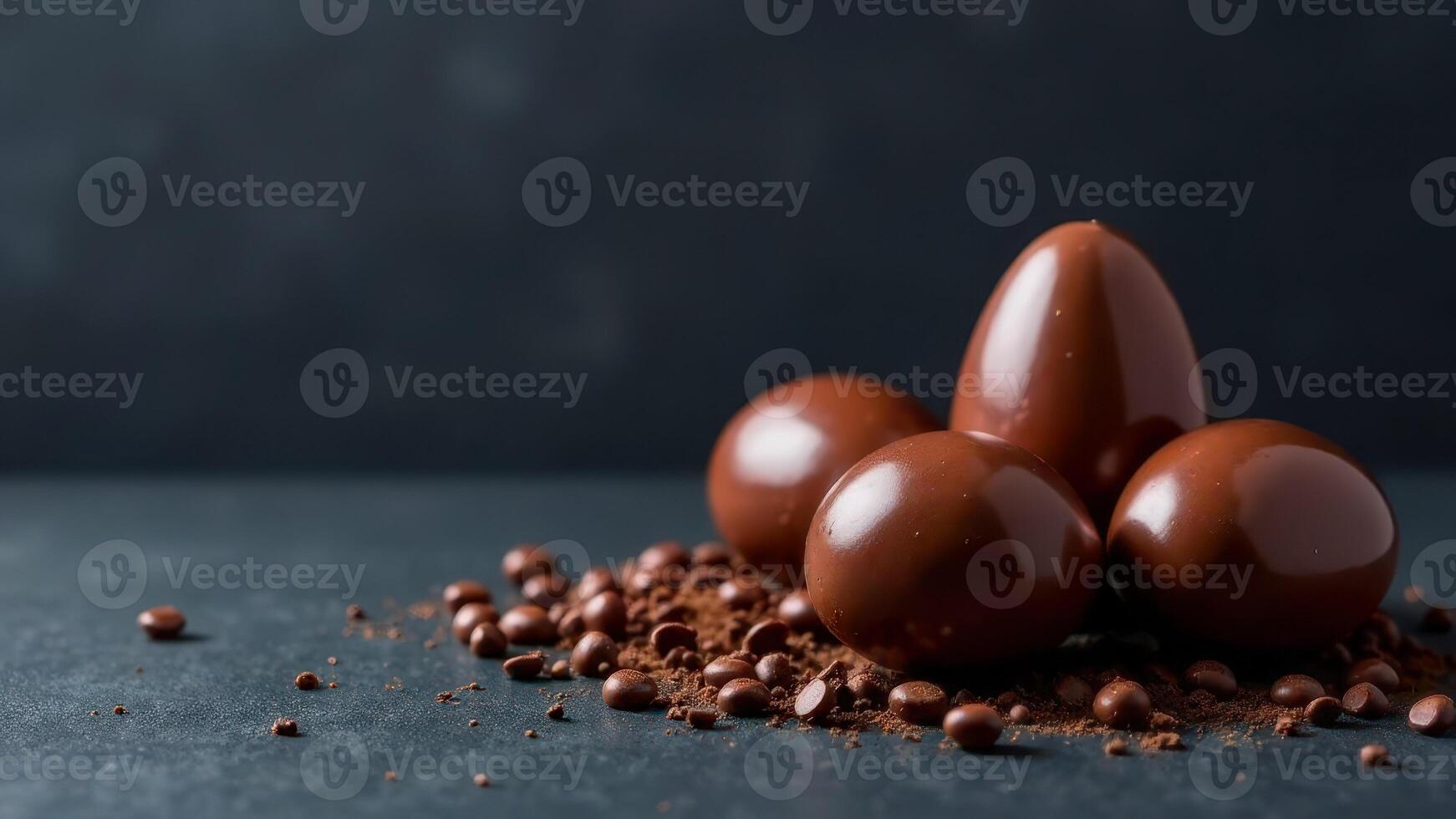 Chocolate Easter eggs with cocoa powder on a dark back, delicious and festive photo