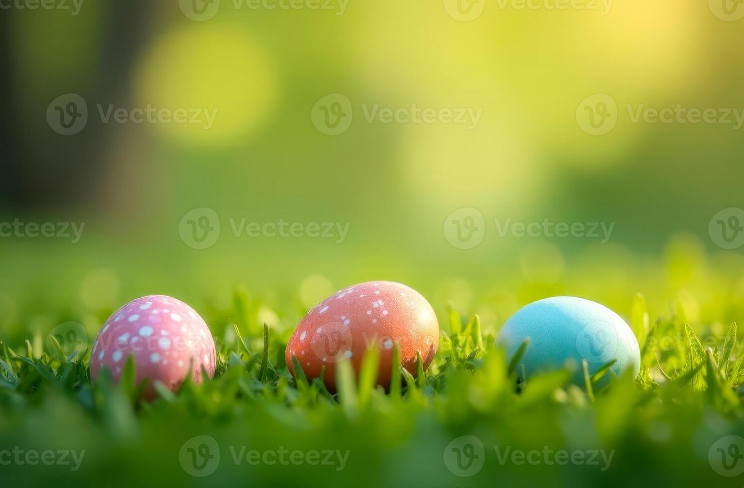 Colorful Easter eggs hidden in green grass, festive and natural spring scene photo