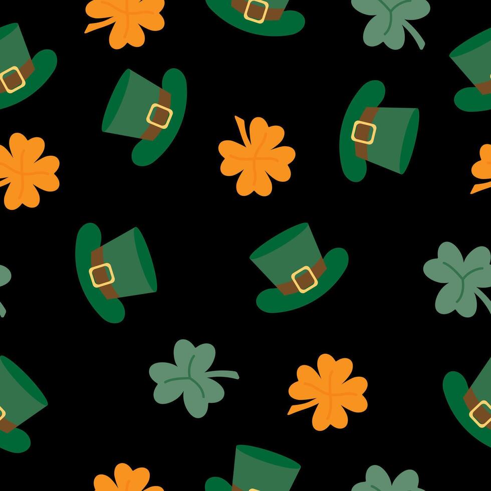Seamless pattern St. Patrick's Day with green hat, clover, saint on black background. vector