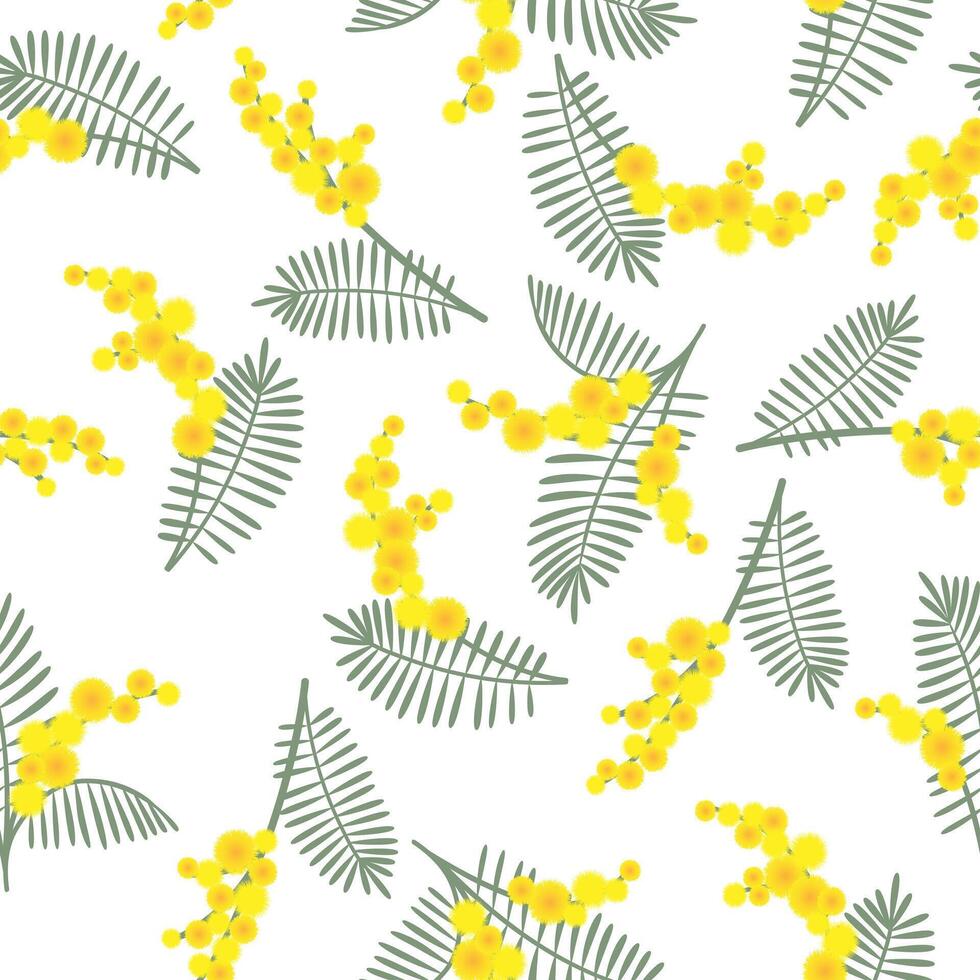 Spring seamless pattern with mimosa flowers on white background. Great for fabrics, especially for linens, wrapping papers, wallpapers, covers. vector