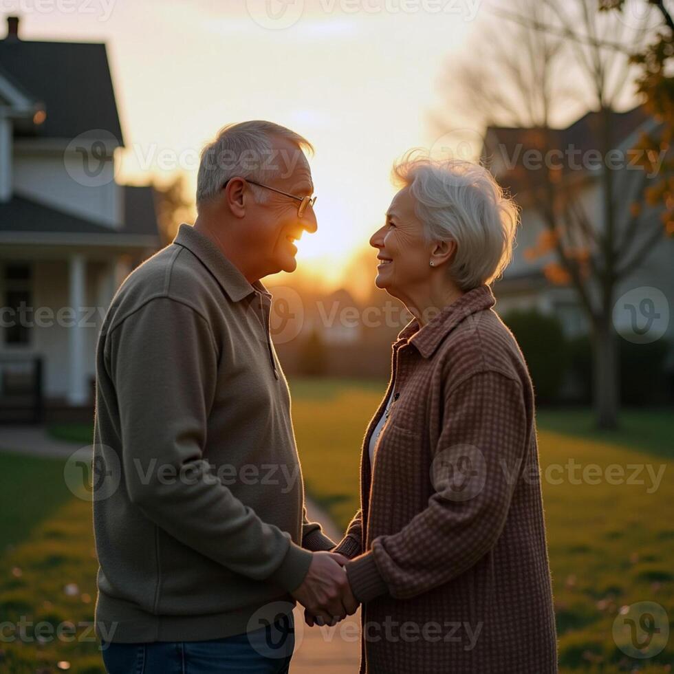 The image captures an elderly couple standing outdoors in front of a suburban home during sunset photo
