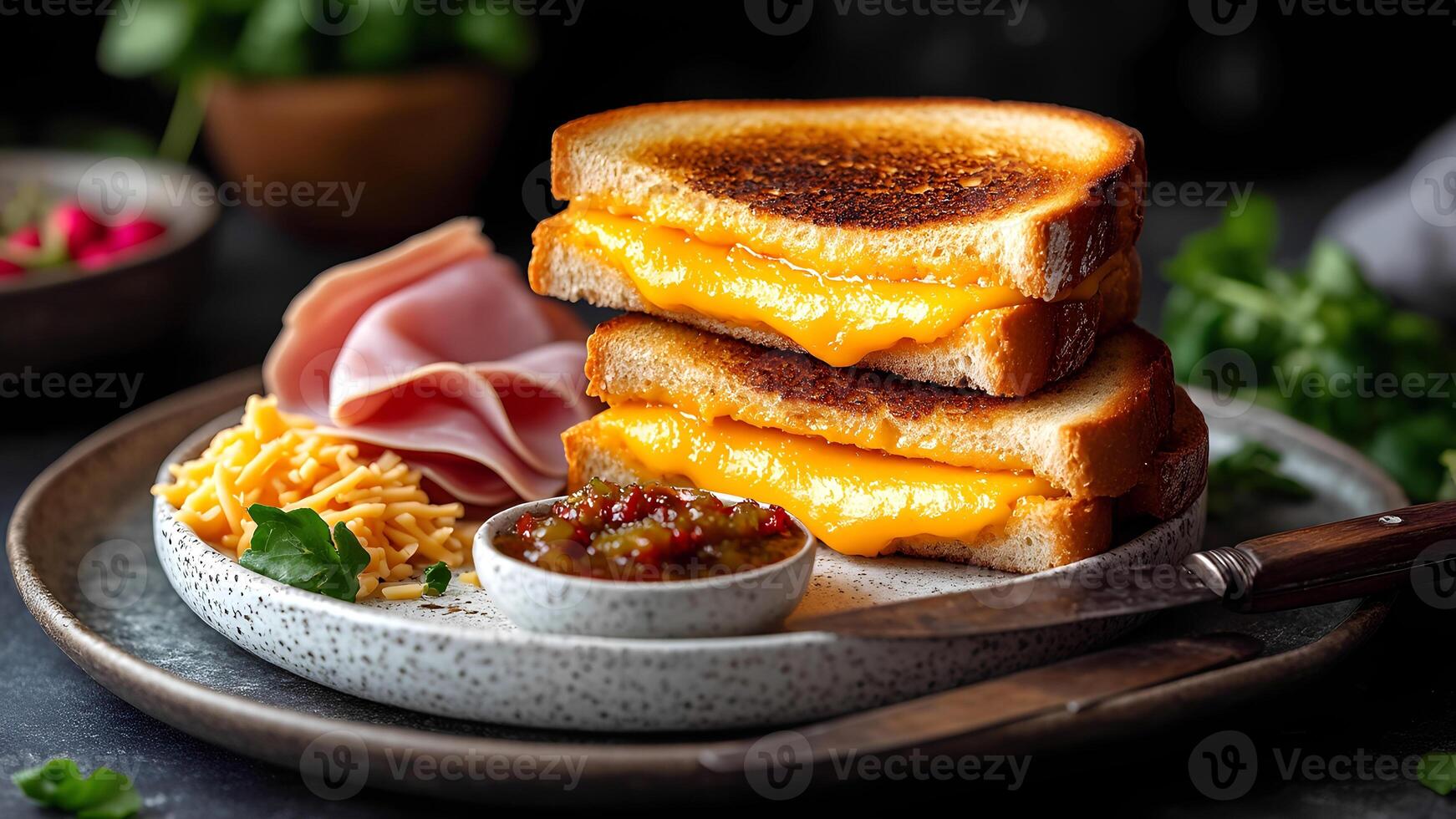 Grilled cheese sandwich with ham and cheese on a plate photo