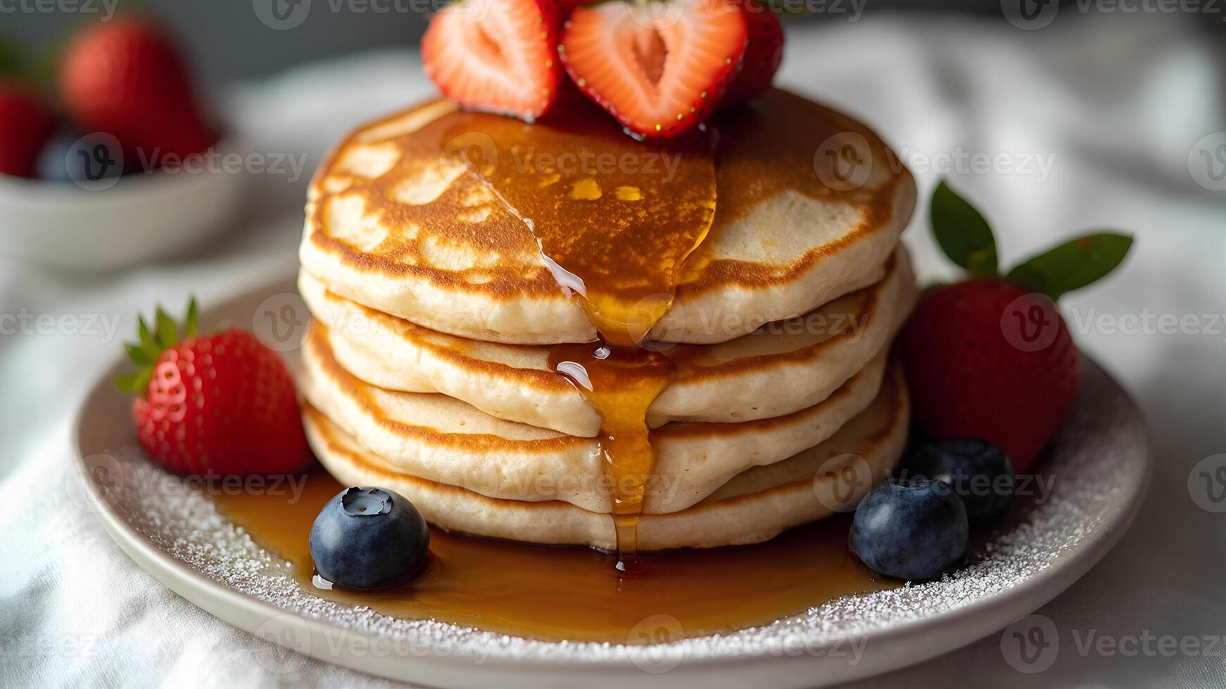 A stack of pancakes with syrup and berries photo