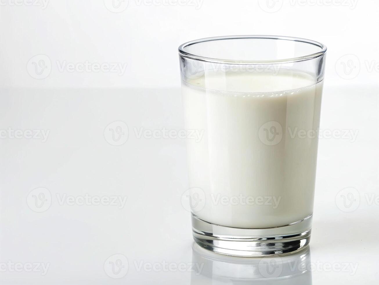 Freshly poured milk in a clear glass displayed on a minimalist white surface photo