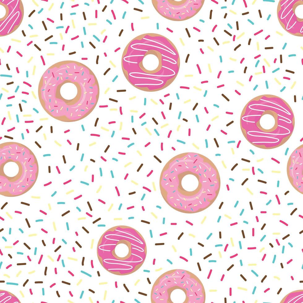 Seamless pattern with donuts with pink glaze and colored sprinkles on a white background. vector